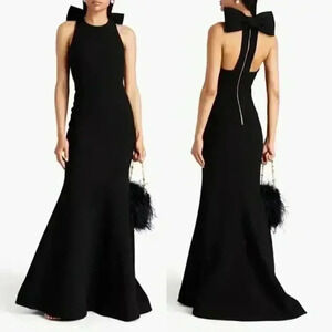 REBECCA VALLANCE Love Bow-Embellished Black Crepe Maxi Gown Dress Size US 0